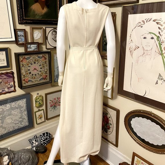 70s Vintage Cream Polyester Square Neck Sleeveless Maxi Dress with Belt Size L - Picture 3 of 6